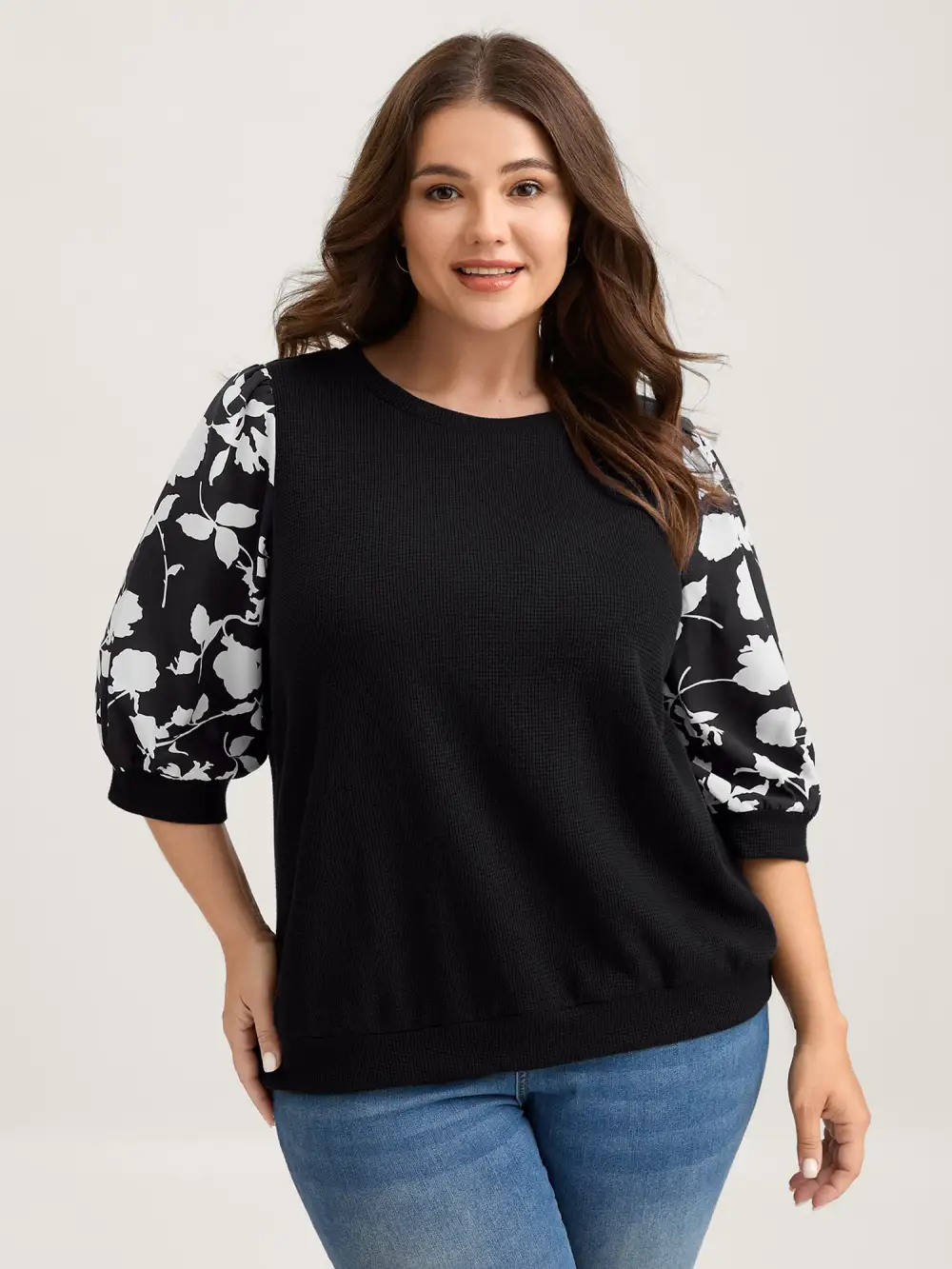 Textured Floral Puffy Sleeve Sweatshirt
