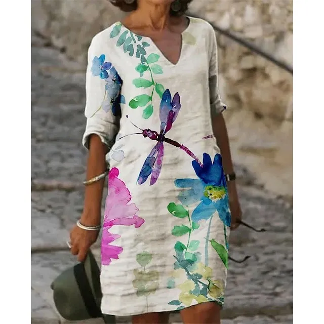 Women‘s Casual Dress Midi Dress Leopard Black White Half Sleeve Floral Print