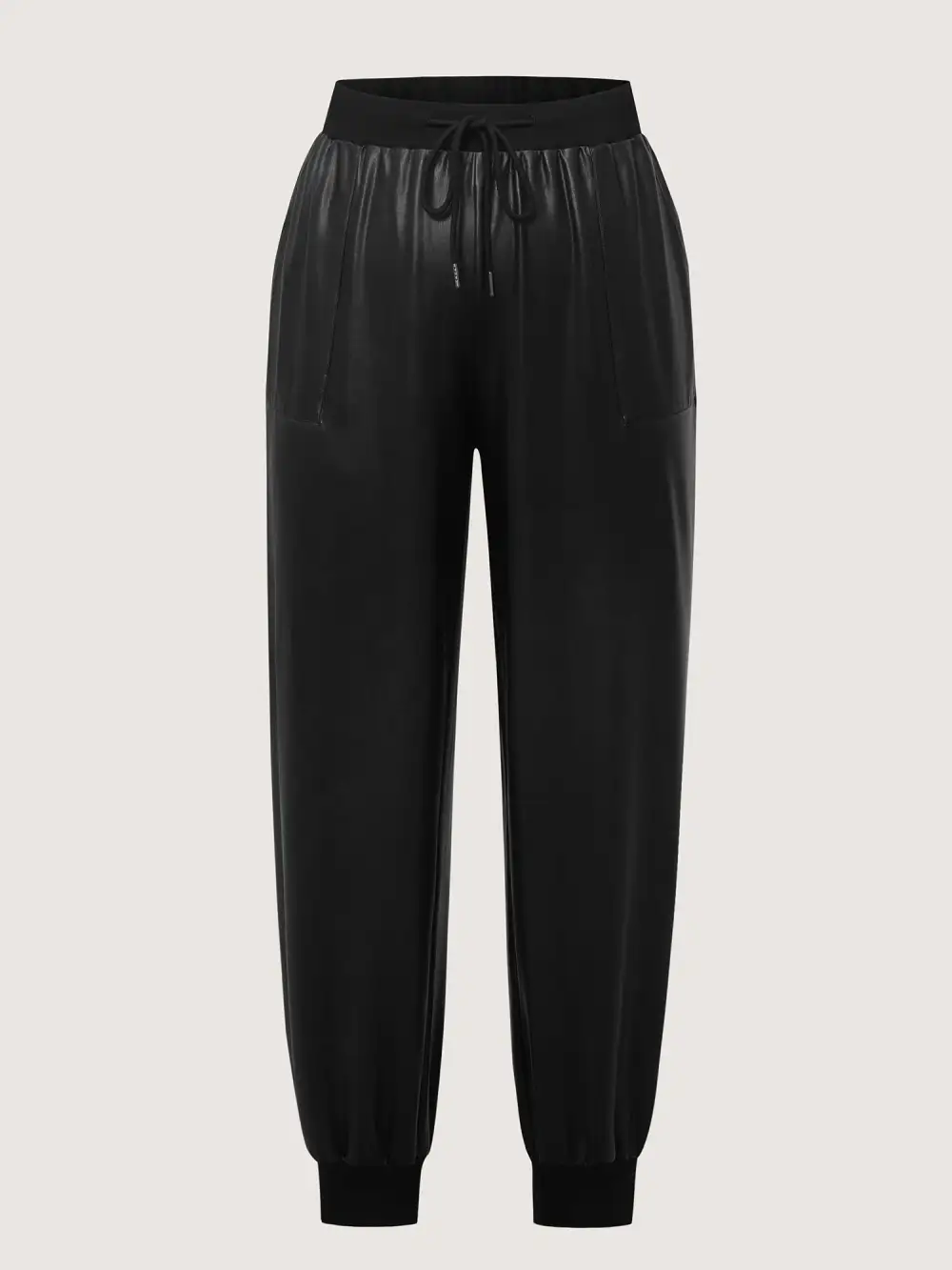 Ribbed Trim Spliced Leather Drawstring Pants