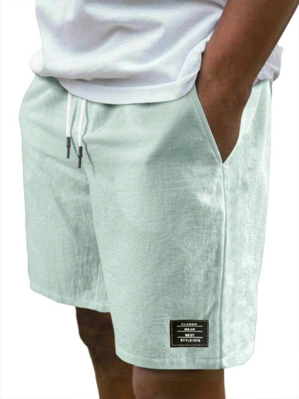 Men's Breathable Linen Beach Lace-Up Everyday Shorts with Simple Embroidered Label