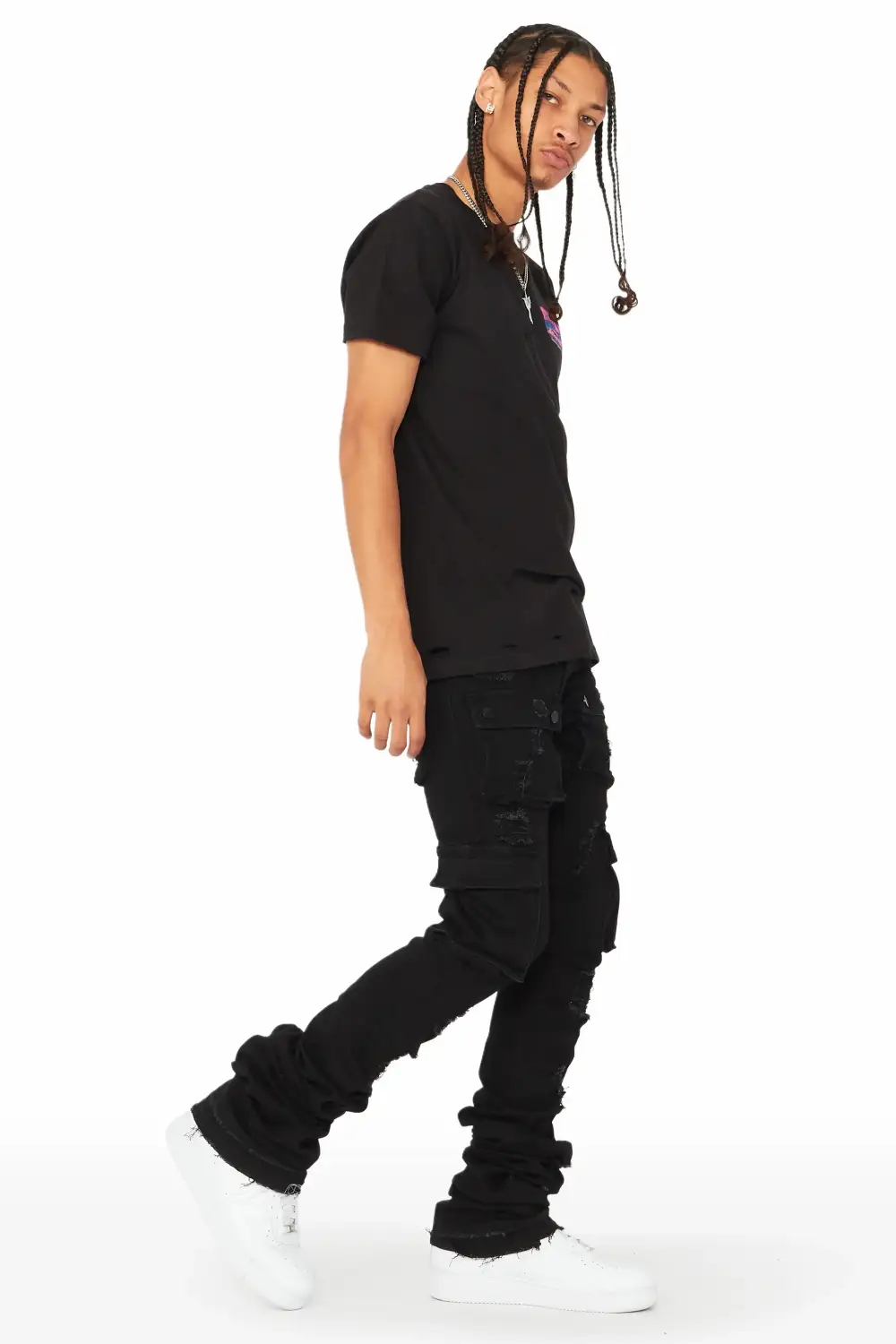 Zaire Black Cargo Super Stacked Flare Jean