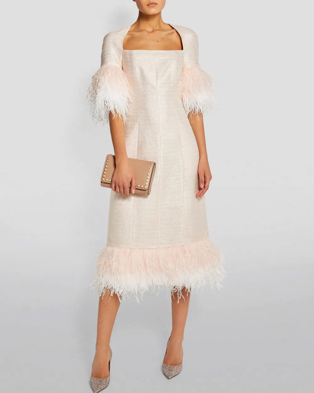 Feather Square Neck Tweed Midi Dress