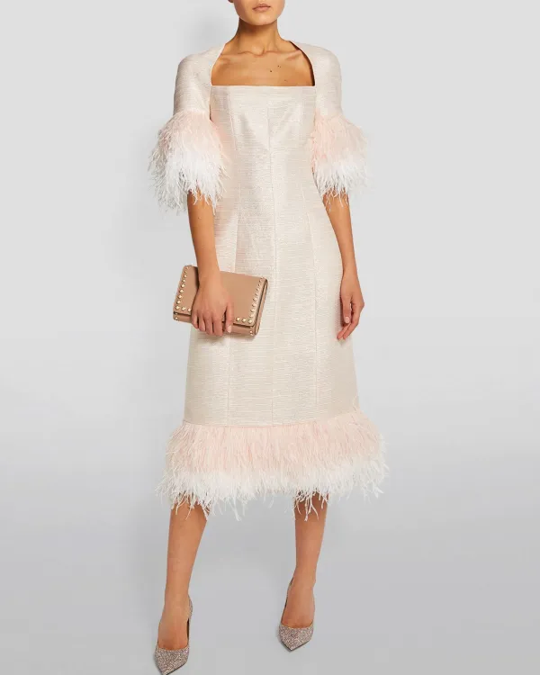 Feather Square Neck Tweed Midi Dress