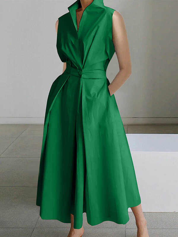 Sleeveless Solid Color Lapel Midi Dresses😊