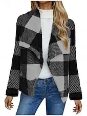 Women's Fleece Jacket Casual Jacket Comfortable Breathable Print Casual Plaid Vacation Street Casual Daily Wear Open Front Long Turndown Regular Fit Long Sleeve Outerwear Black And White Black Pink