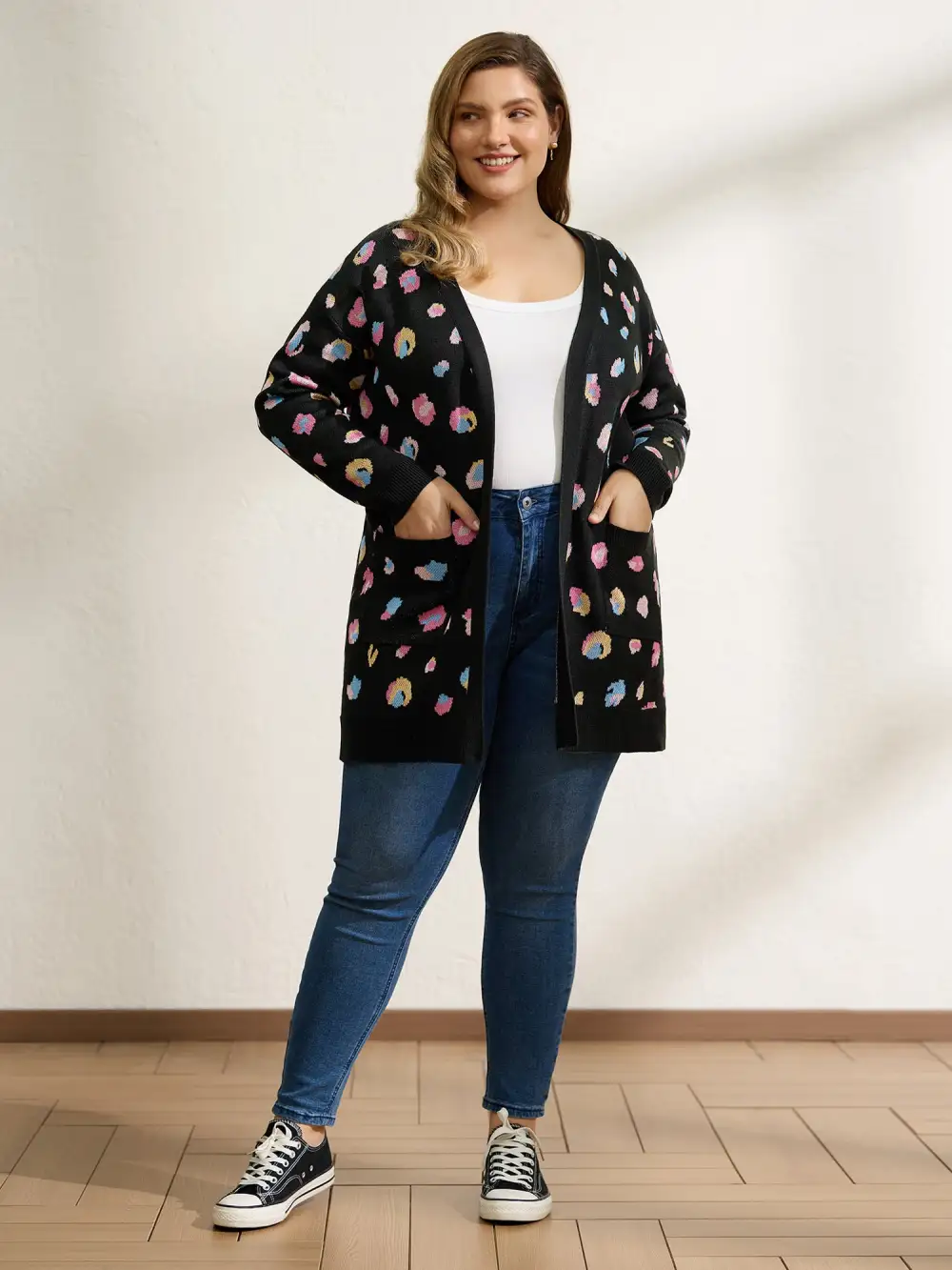 Colorful Leopard Print Pockets Knit Cardigan