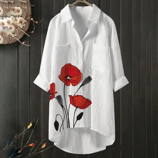 Cotton&Linen Floral Printed Lapel Button-End Long Blouse