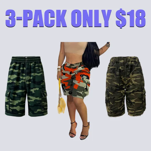 Women's Camo Print Straight-Leg Shorts with Pockets-Raw Hem, Elastic Waist