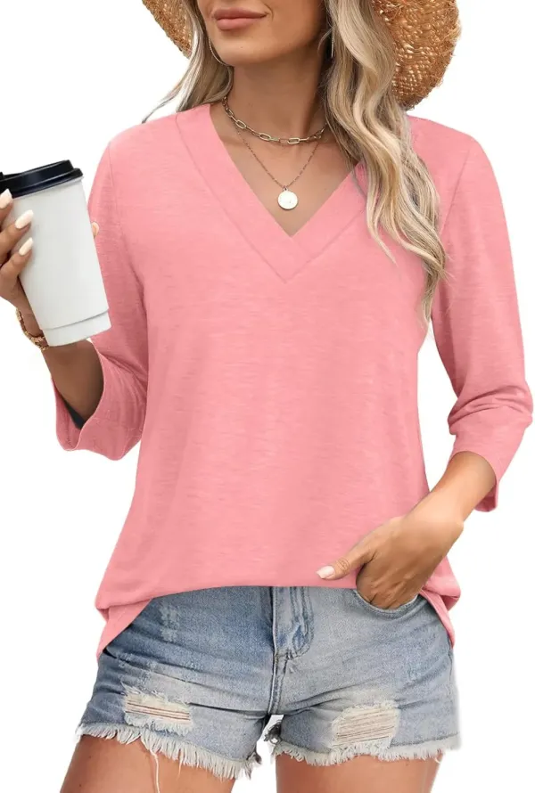 ✨Flash Sale Women's Trendy V Neck 3/4 Long Sleeve Tops Loose Fit Blouse