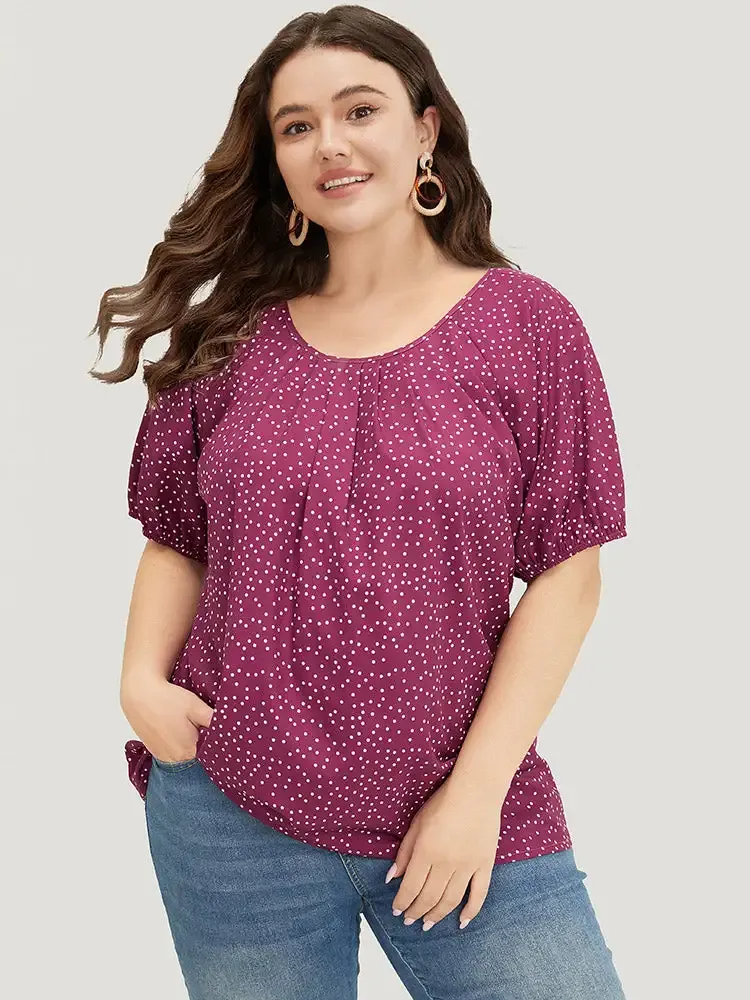 Polka Dot Pleated Round Neck Puff Sleeve Blouse