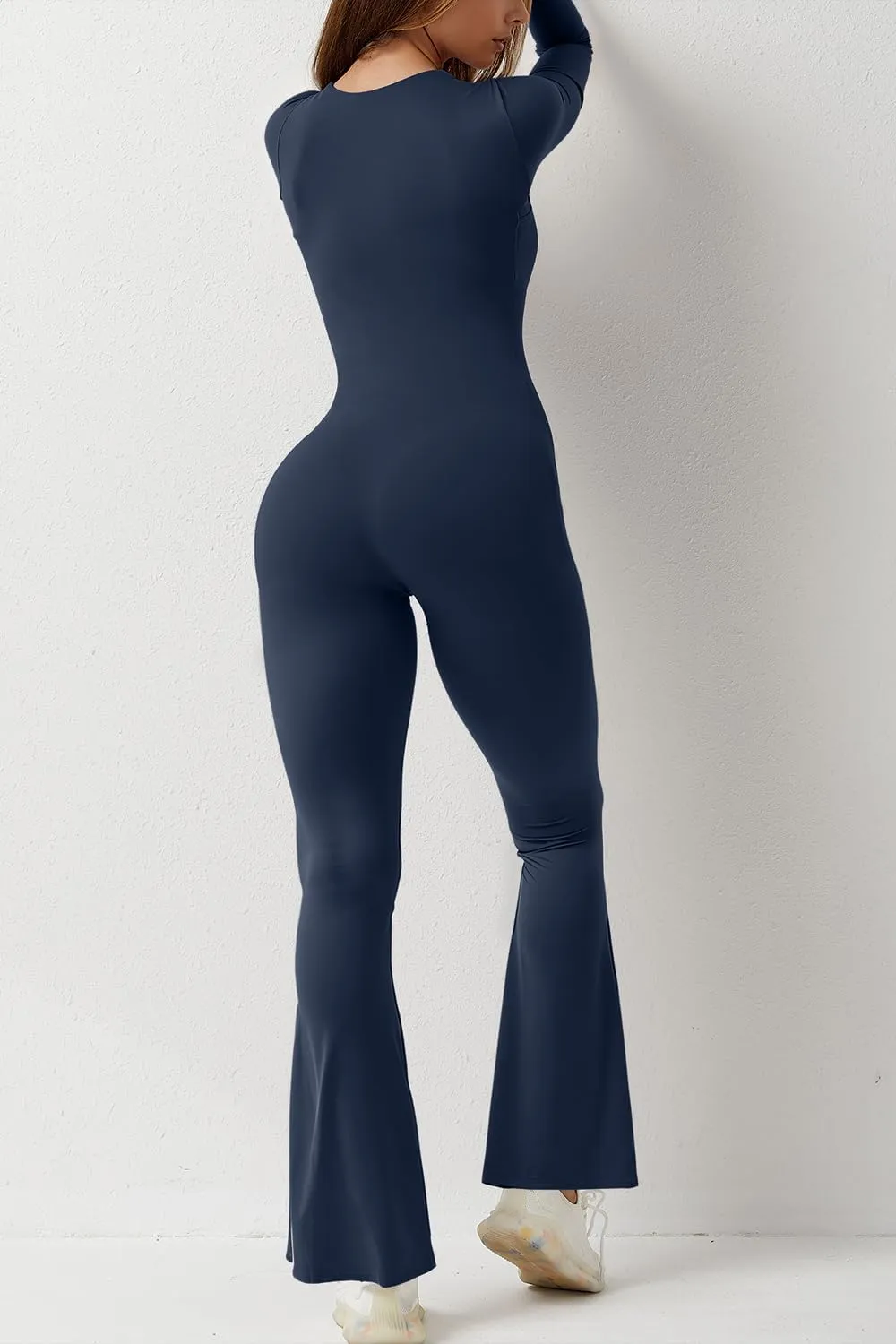Long Sleeve Jumpsuits for Women Square Neck Wide Leg Full Length Romper Playsuit