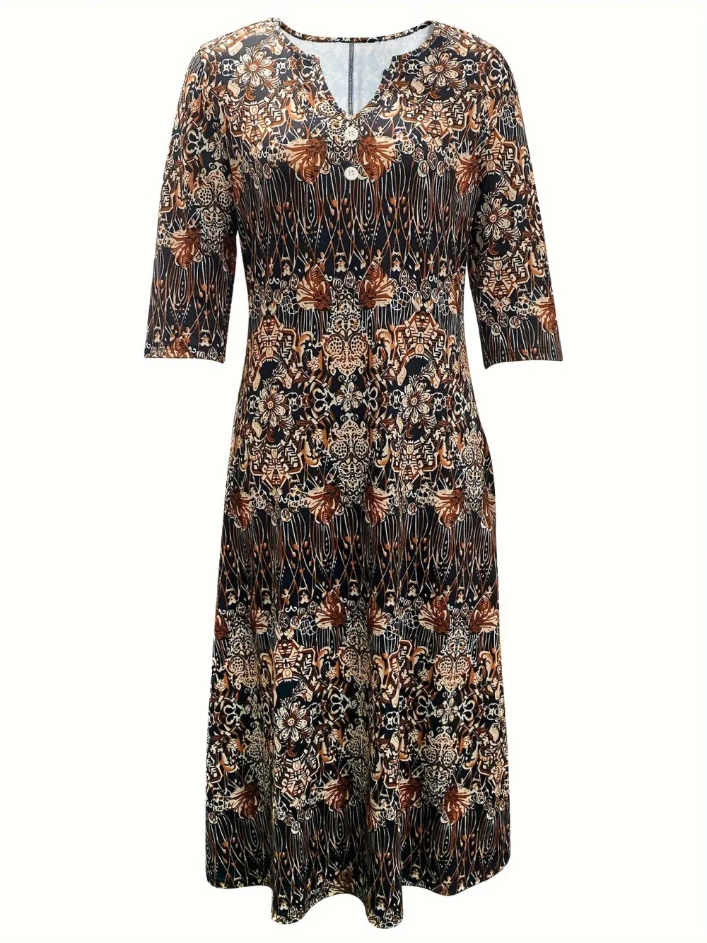 Floral Print Button Notched Neck Dress, Vintage 3/4 Sleeve Midi Dress For Spring & Summer
