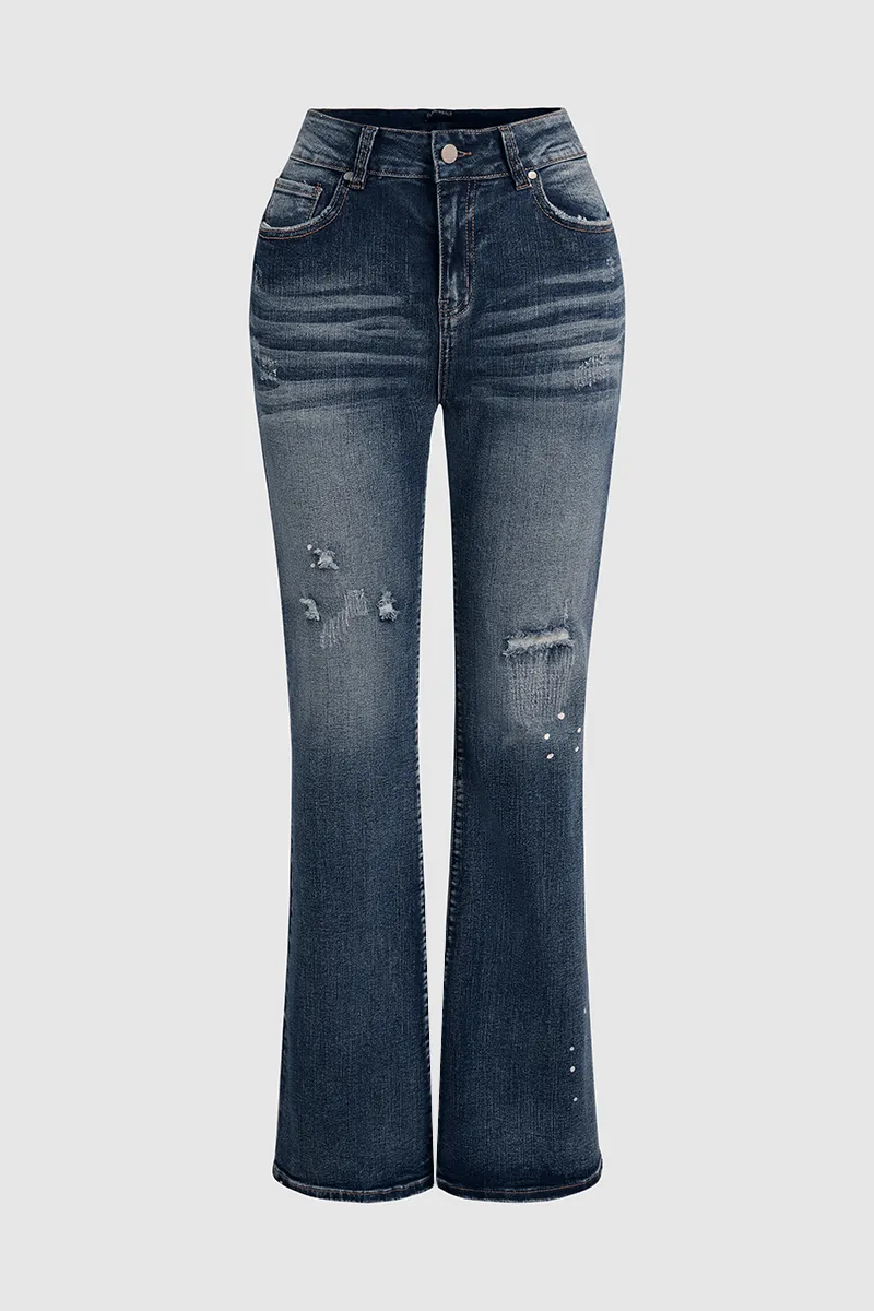 Ripped Slant Pocket Flare Jeans