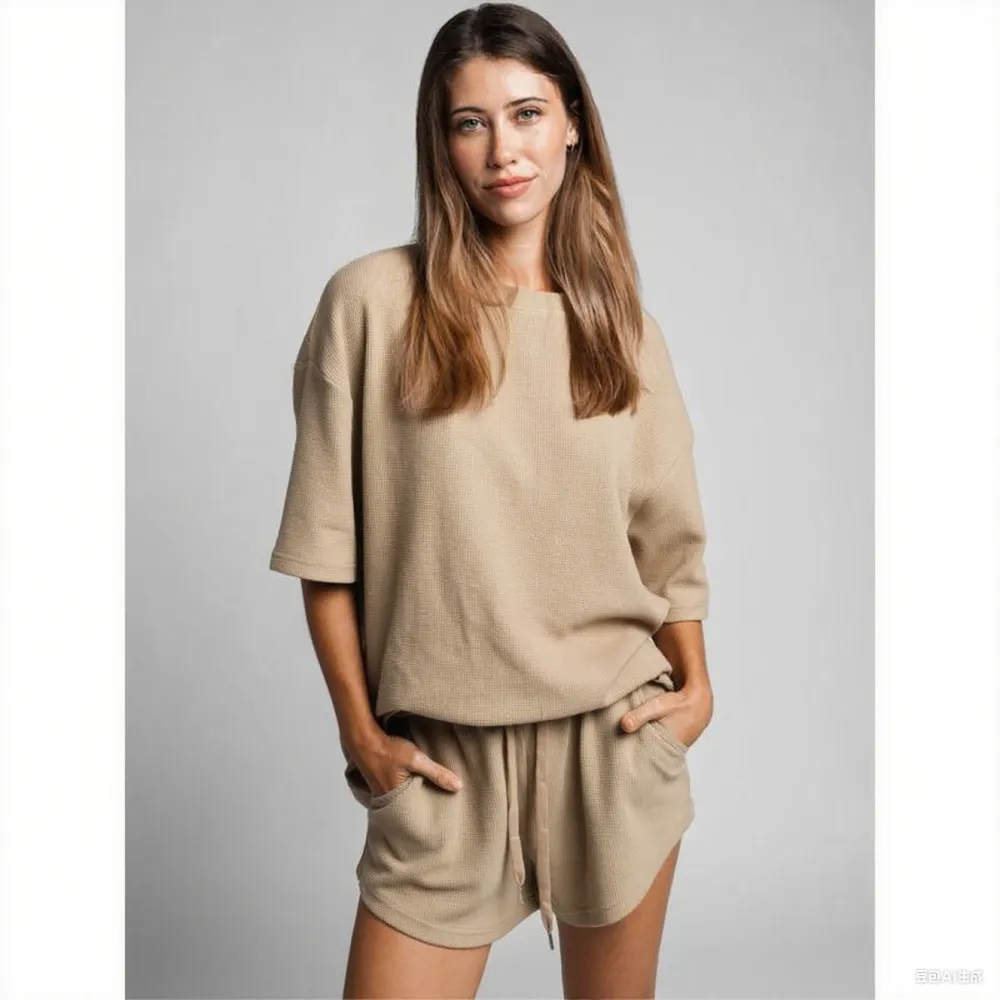 Women's Waffle Knit Lounge Shorts – Soft High Waist Casual Sleep Shorts with Drawstring for Home & Daily Wear