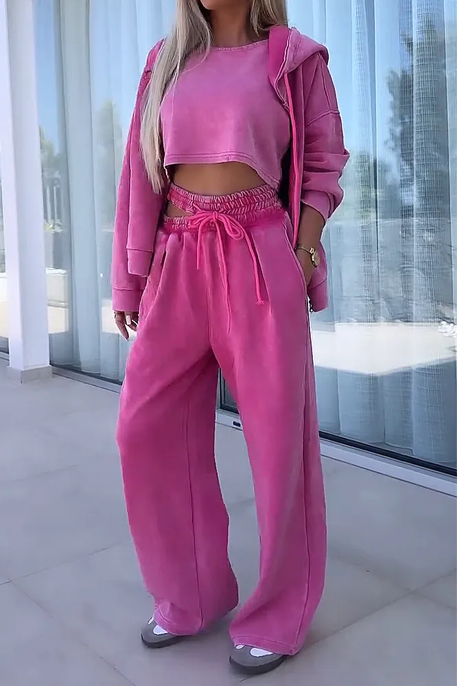Women's Solid  Color Vest And Hooded Sweatshirt & Elastic Knitted Pants Three-piece Set