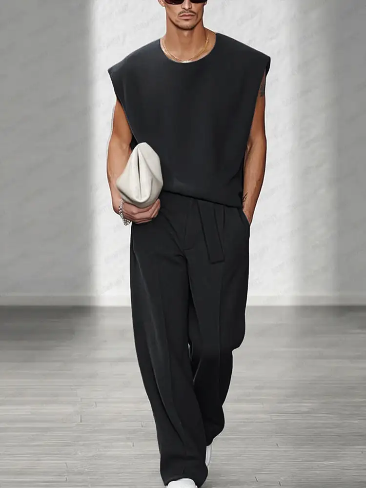 Urban Casual Shoulder Pad Tank Top Set