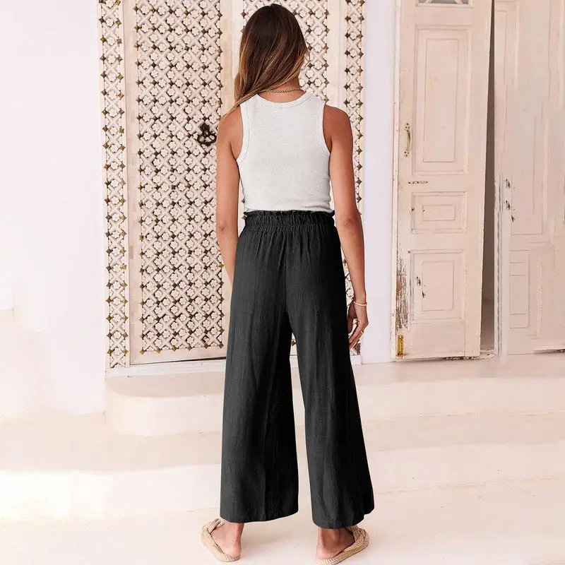 Women's Linen Wide Leg Pants – High Waist Drawstring Trousers with Pockets