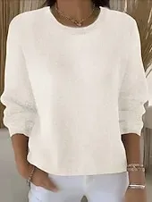 Women's Sweater Fashion Streetwear Casual Pure Color Ribbed Crew Neck Knitted Long Sleeve Regular Tops Knit Outdoor Daily Weekend Yellow Pink Fall Winter