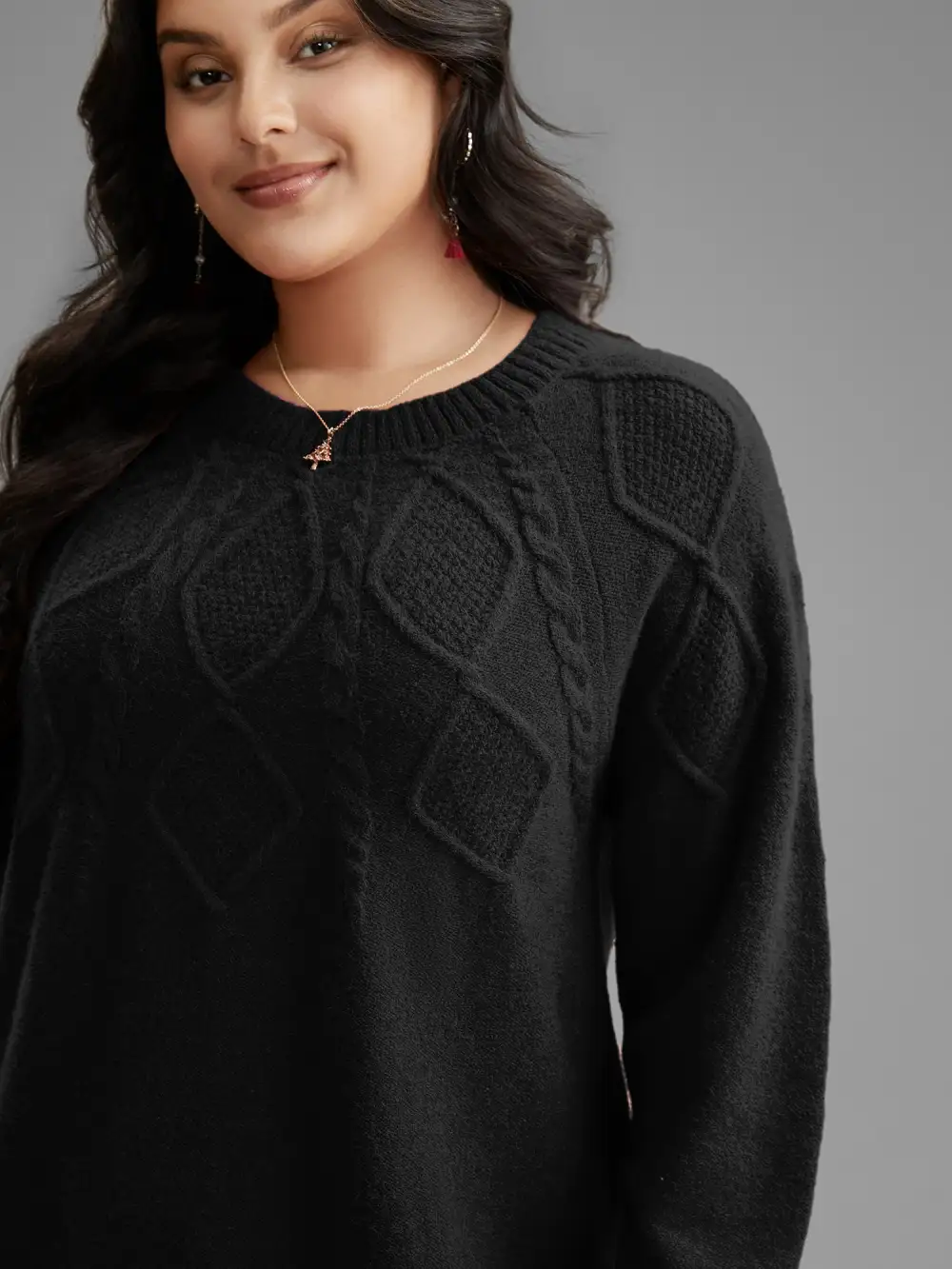 Cable Knit Bodice Crew-Neck Pullover