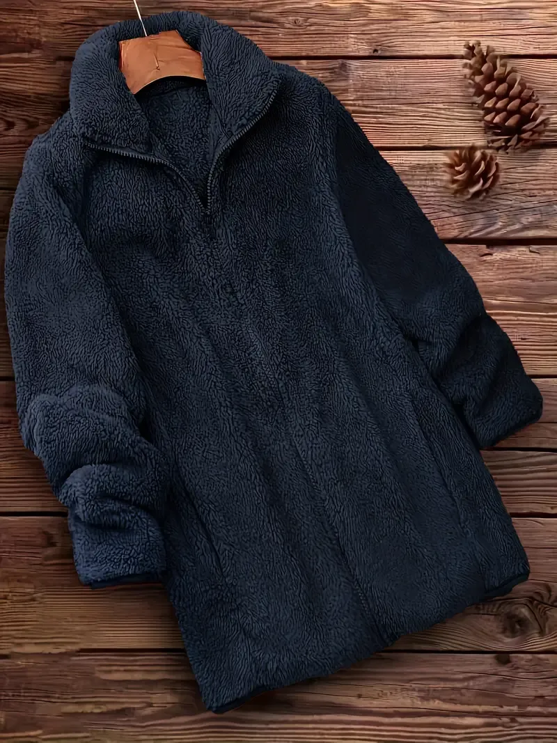 Zip Up Solid Teddy Coat, Casual Long Sleeve Winter Outerwear