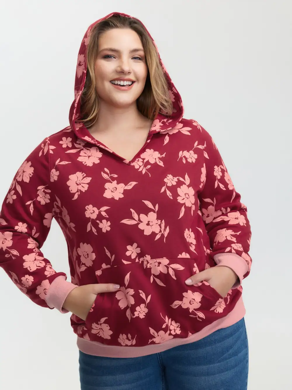 Floral Print Contrast Pockets Hoodie