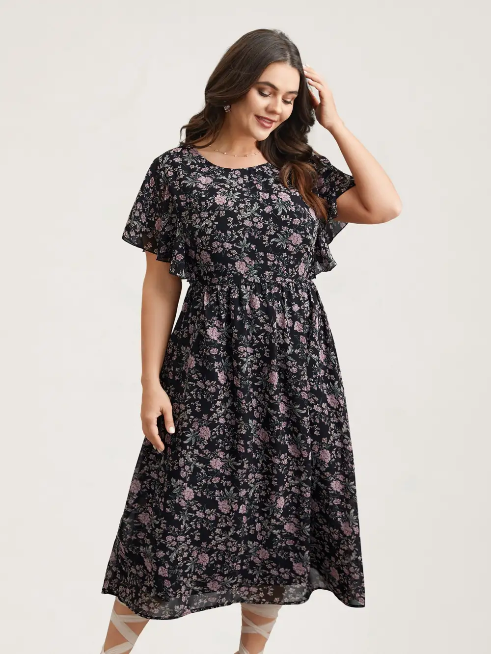 Chiffon Floral Print Ruffled Midi Dress