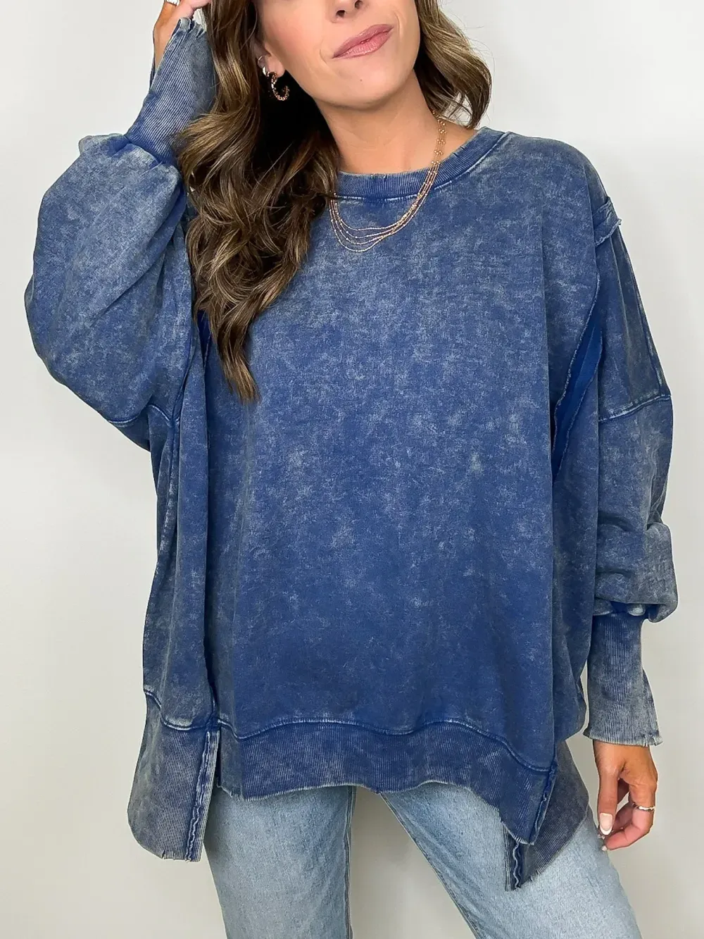 ✨Womens Acid Wash Split Cuff Oversized Crew Pullover