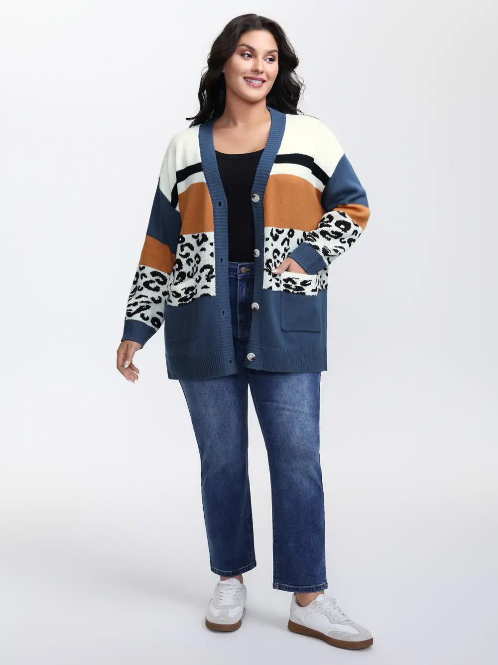 Stripe Color Block Leopard Knit Cardigan