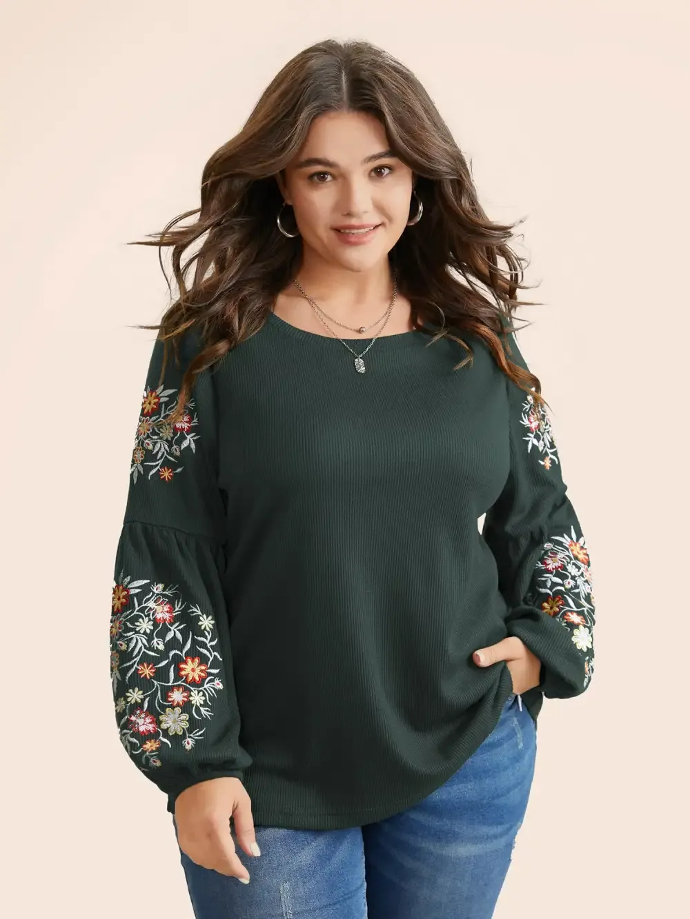 Waffle Knit Floral Embroidered Lantern Sleeve T-Shirt