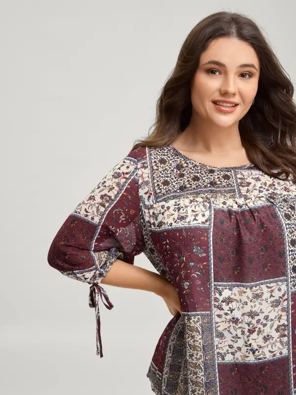 Boho Collage Print Sleeve-Tie Blouse