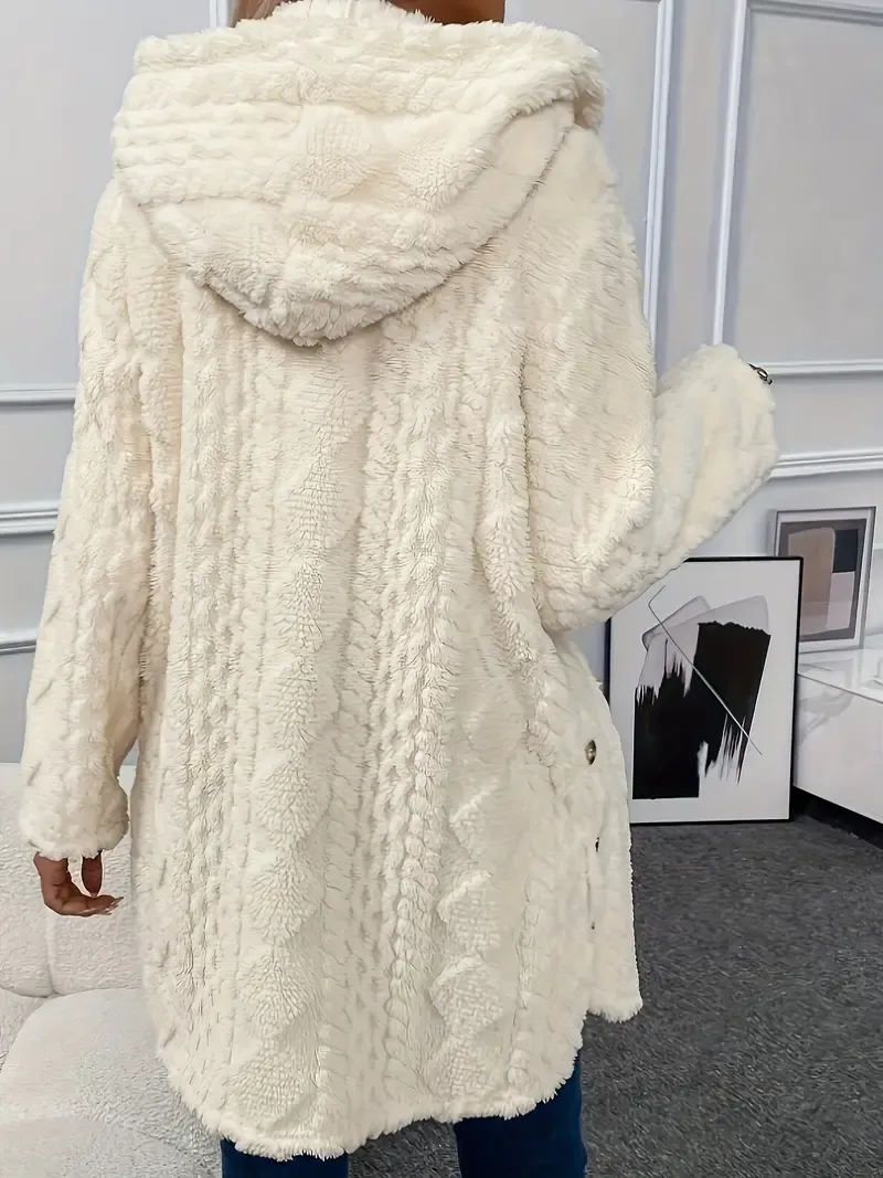 Luxurious Faux Fur Teddy Coat - Elegant Long Sleeve Split Side Hooded Outwear for Women - Soft, Warm, and Chic Winter Clothing
