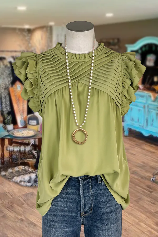Solid Pleated Flutter Sleeve Blouse