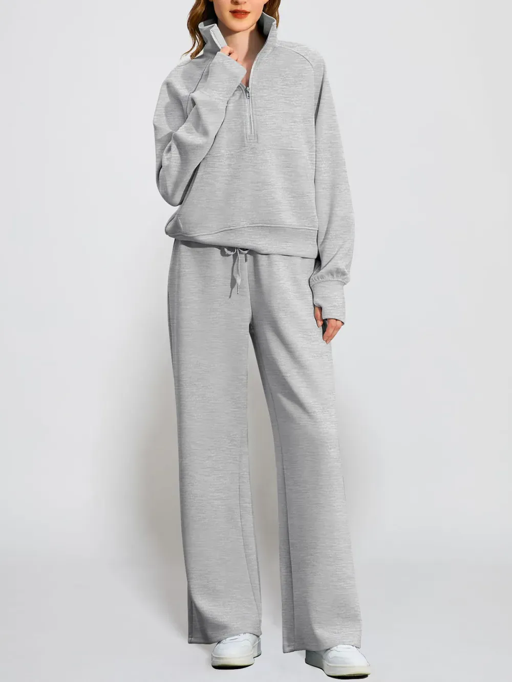 Women's Oversized Half Zip Wide Leg 2 Piece Outfits Lounge Set