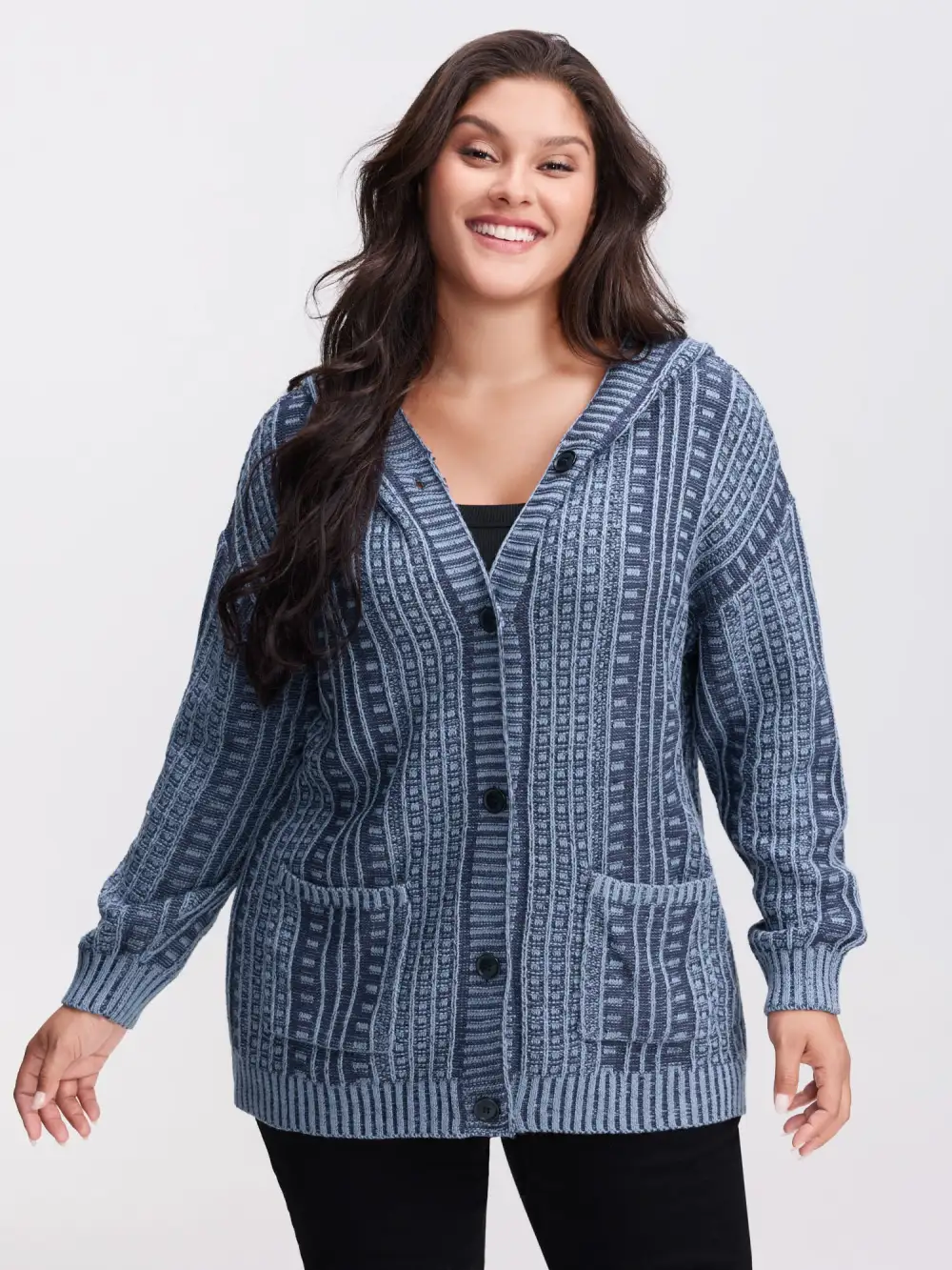 Hooded Textured Pockets Drop Shoulder Knit Cardigan