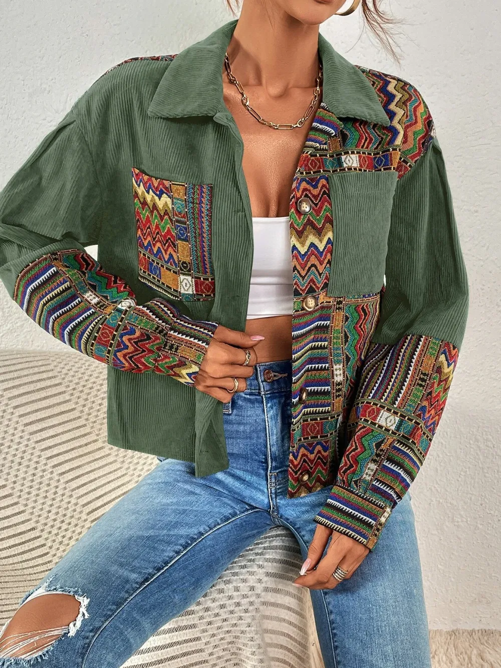 Geo Print Drop Shoulder Corduroy Jacket