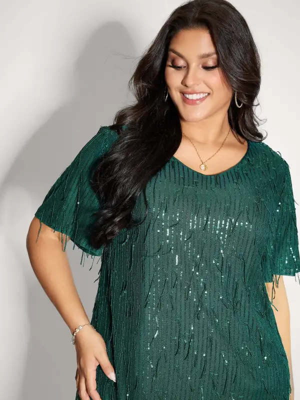 Fringe Sequin Flutter Sleeve Mini Dress