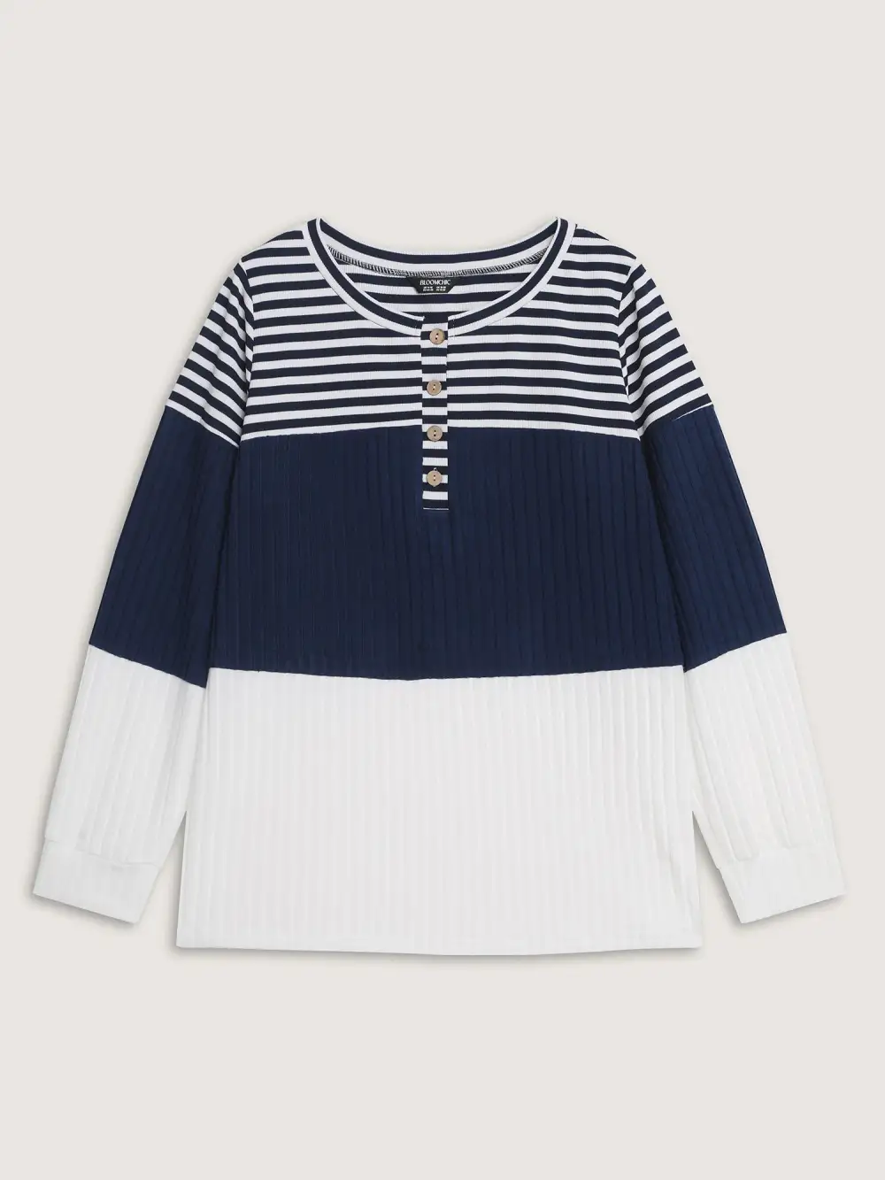 Stripe Ribbed Button Placket T-Shirt