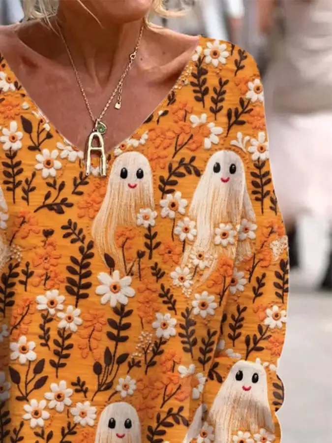 Women's Ghost Print V-Neck T-Shirt