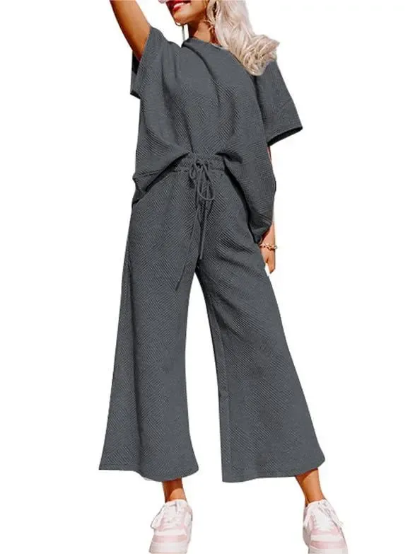✨Women's Textured Loose Fit T Shirt and Drawstring Pants Casual Set