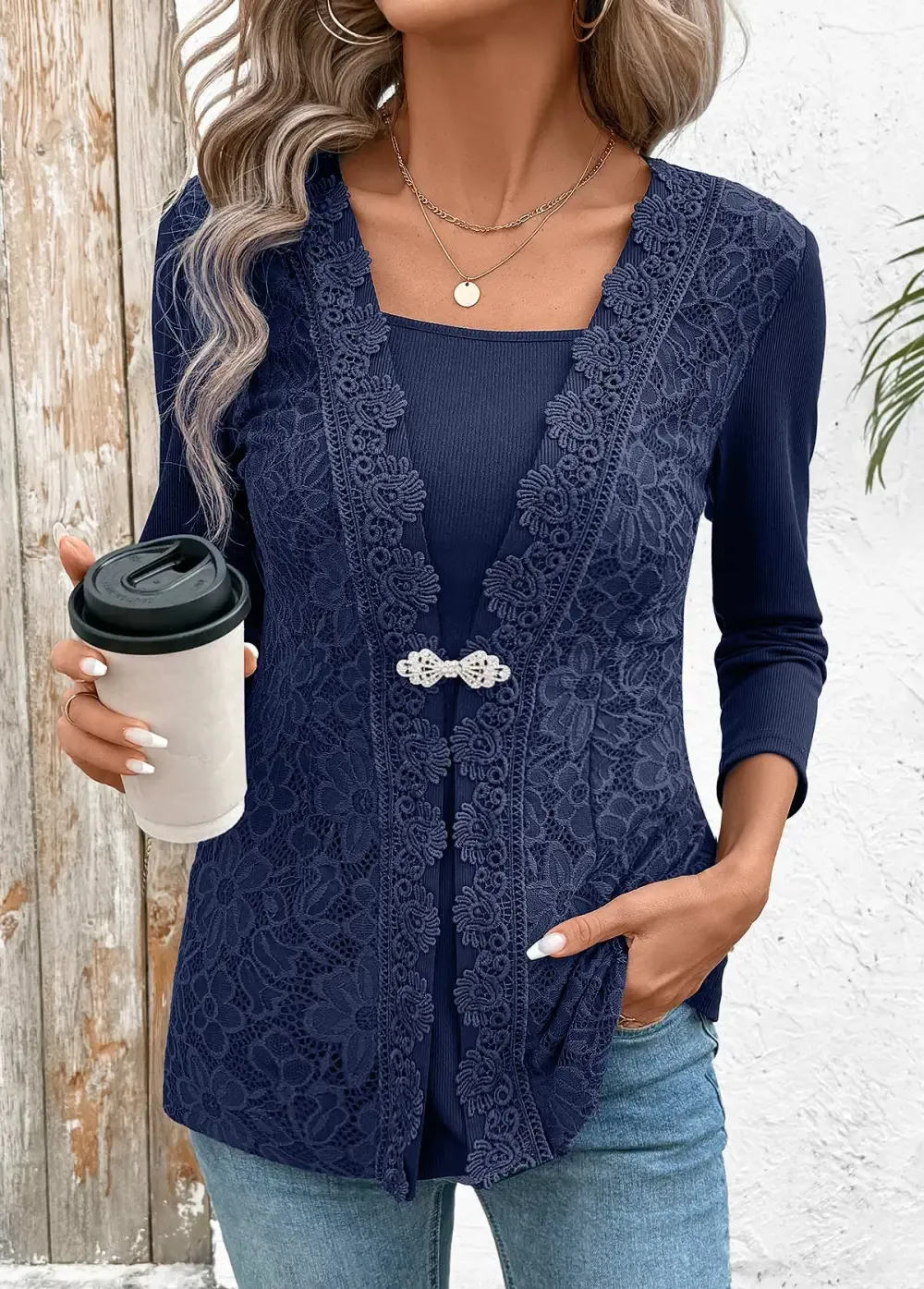 Navy Peplum Long Sleeve Fake Two Piece Twinset