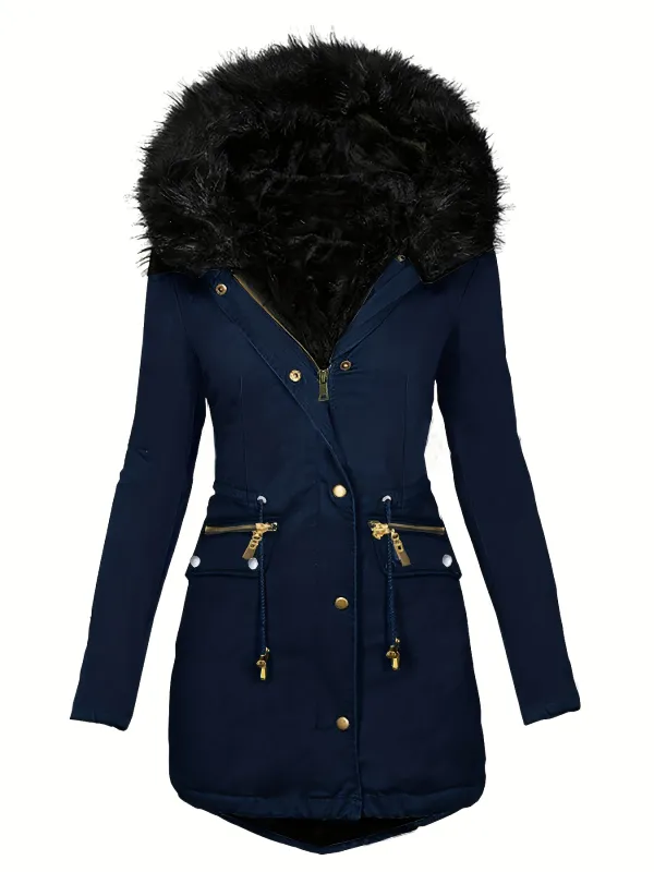 Stylish Faux Fur Trim Parka Coat - Women's Clothing - Zip-Up Thermal Overcoat with Button Front Pockets, Drawstring Hood, and Soft Faux Fur Lining for Winter Warmth