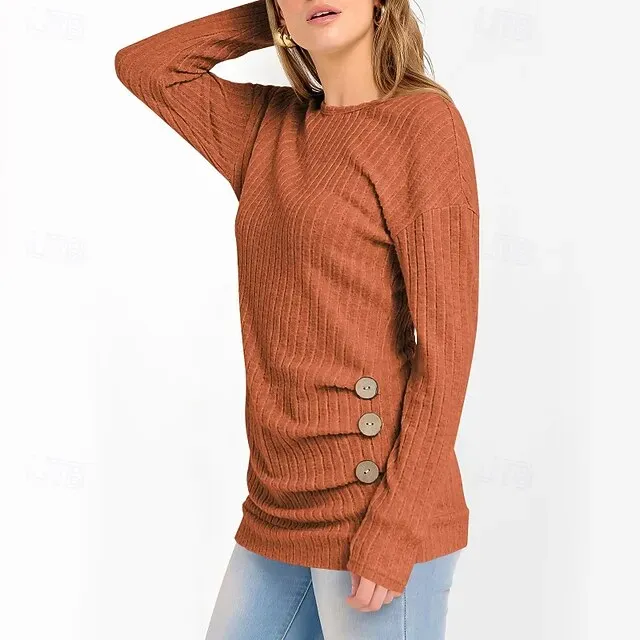 Women's Sweater Pullover Streetwear Casual Solid Color Ribbed Crew Neck Buttons Knitted Long Sleeve Regular Tops Knit Daily Holiday Weekend Black Army Green Fall Winter