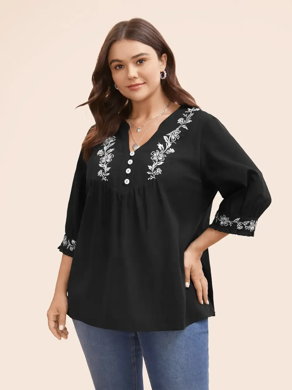 Cotton Floral Embroidered Notched Collar Frill Trim Blouse