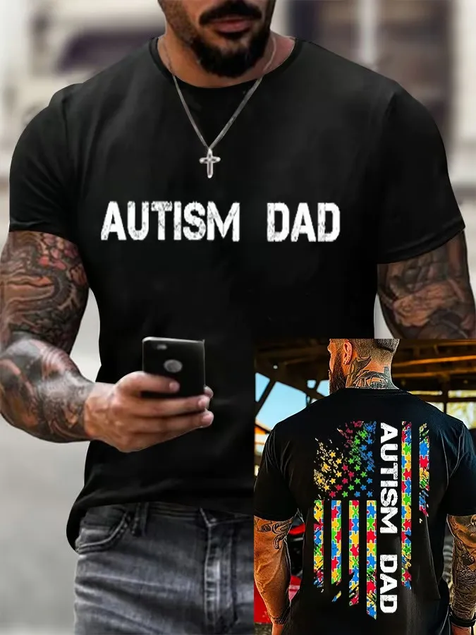 Men'S T-Shirt Men's Retro Autistic Dad Autism Awareness Printed Round Neck T-Shirt