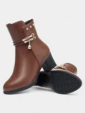 Women's Brown Warm Faux Fur Lined Ankle Boots with Heel, Stylish and Comfortable for Winter and Casual Wear.
