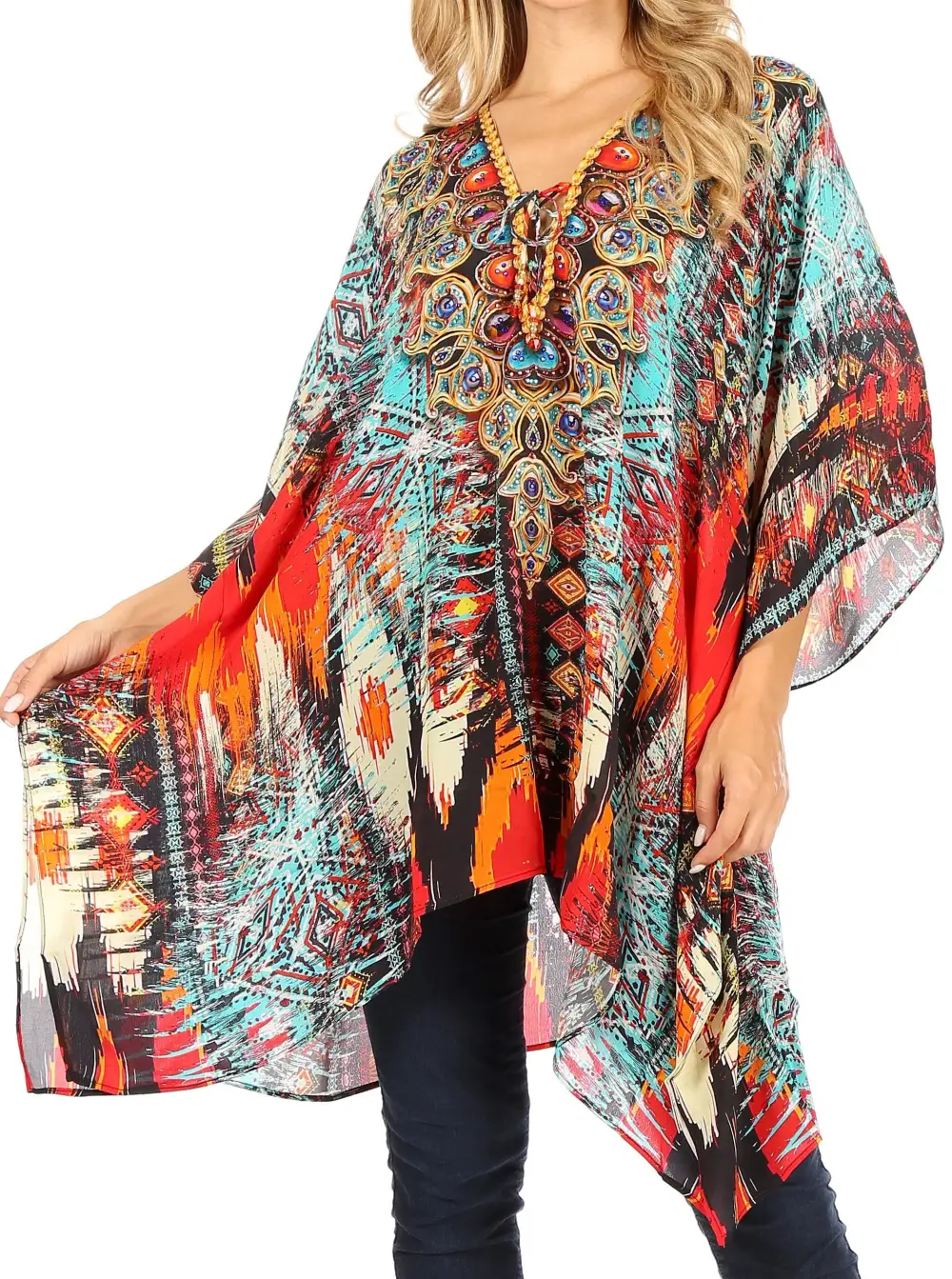 Women's Caftan Poncho Cover up V neck Top Lace up With Rhinestone