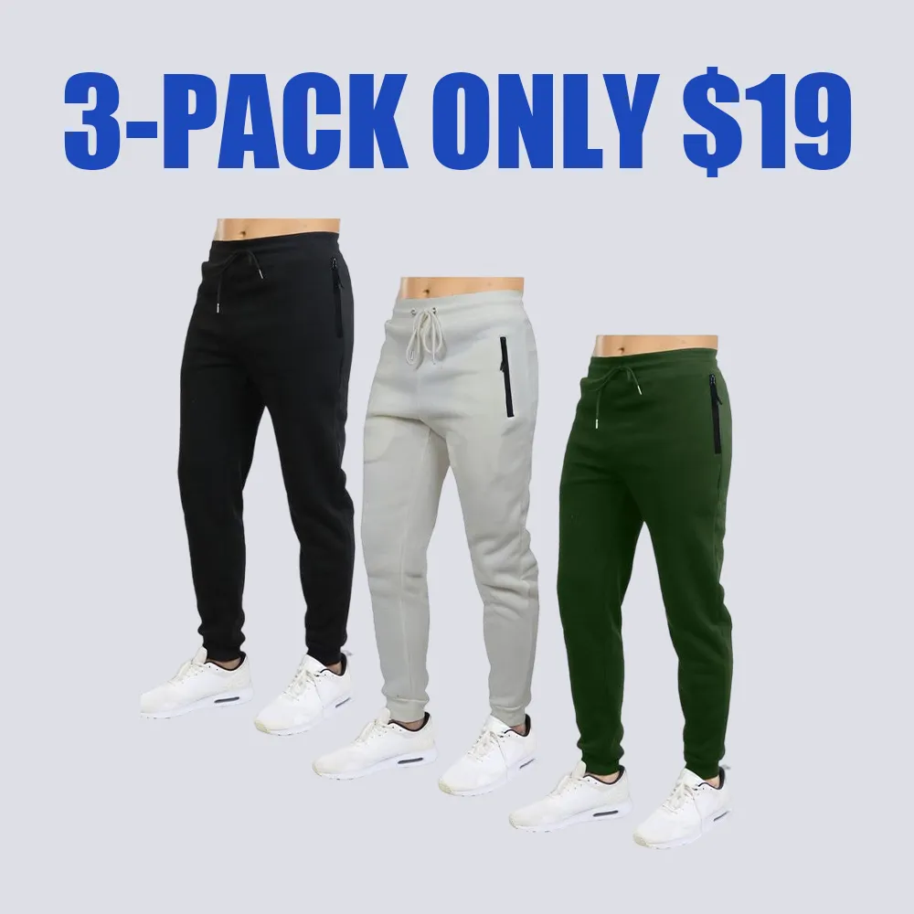 Men's 3 Pack Fleece Active Athletic Jogger Sweatpants with Drawstring Sizes XS-5XL