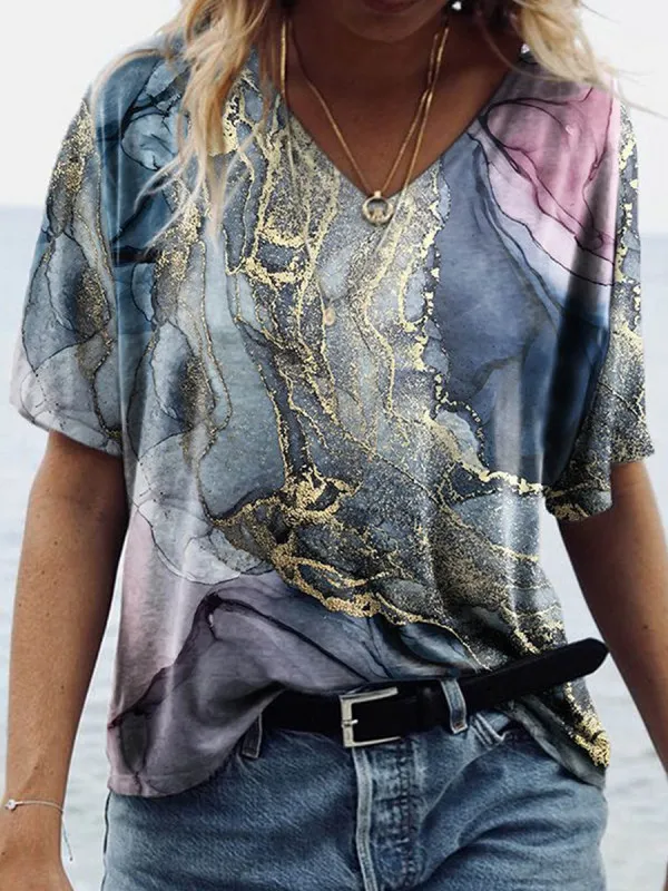 Golden Gray Marbled Ocean Wave Button Front Tunic Top