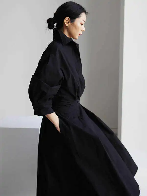 Original Solid Color Lapel Long Sleeves Midi Dress