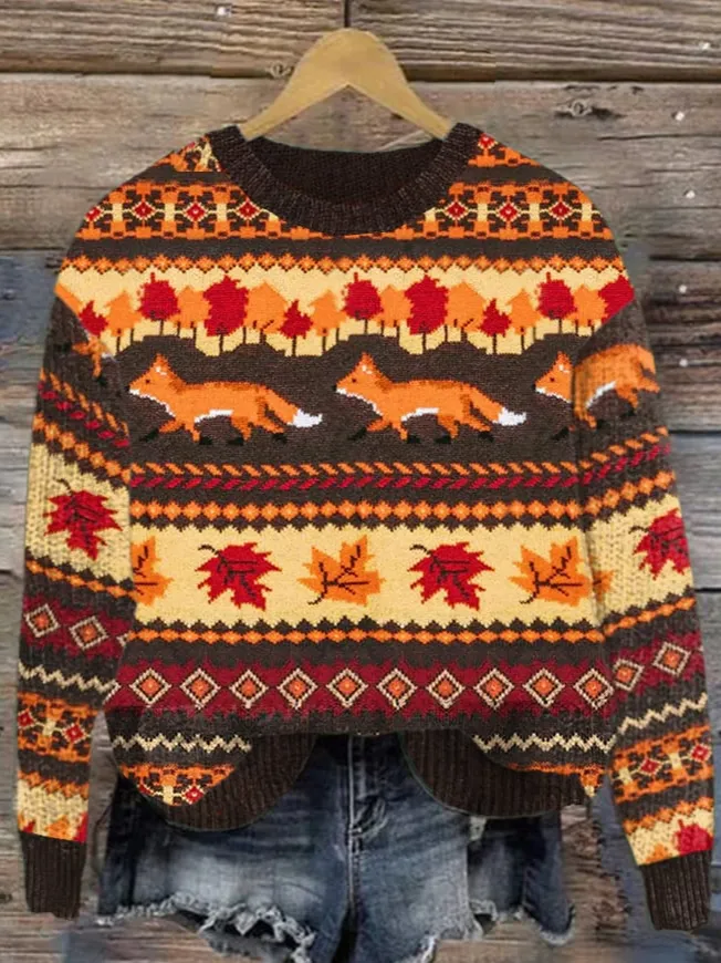 Women's The Fox and Foliage Casual Round Neck Print Knitted Sweater